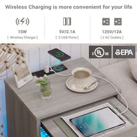 Sikaic Nightstand Nightstand with Pull-Out Shelf Wireless Charging Station and LED Lights Grey