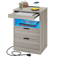 Sikaic Nightstand Nightstand with Pull-Out Shelf Wireless Charging Station and LED Lights Grey