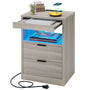 Sikaic Nightstand Nightstand with Pull-Out Shelf Wireless Charging Station and LED Lights Grey