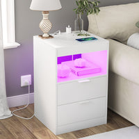 Sikaic Nightstand Nightstand with Pull-Out Shelf Wireless Charging Station and LED Lights White