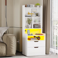 Sikaic Nightstand LED Nightstand with Bookshelf Charging Station White