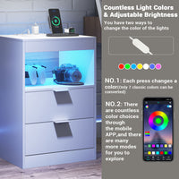 Sikaic Nightstand Nightstand with Pull-Out Shelf Wireless Charging Station and LED Lights White