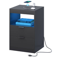 Sikaic Nightstand Nightstand with Pull-Out Shelf Wireless Charging Station and LED Lights Black