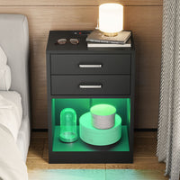 Sikaic Nightstand 2Pcs LED Nightstands with Charging Station Power Outlets & Drawers Black
