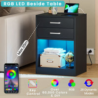 Sikaic Nightstand 2Pcs LED Nightstands with Charging Station Power Outlets & Drawers Black