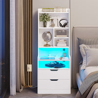 Sikaic Nightstand LED Nightstand with Bookshelf Charging Station White