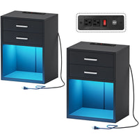 Sikaic Nightstand 2Pcs LED Nightstands with Charging Station Power Outlets & Drawers Black