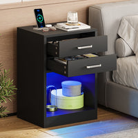 Sikaic Nightstand 2Pcs LED Nightstands with Charging Station Power Outlets & Drawers Black