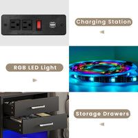 Sikaic Nightstand 2Pcs LED Nightstands with Charging Station Power Outlets & Drawers Black
