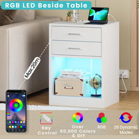 Sikaic Nightstand 2Pcs LED Nightstands with Charging Station Power Outlets & Drawers White