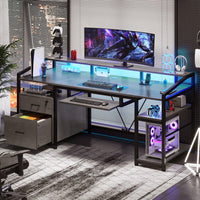 Sikaic Gaming Desk 63 Inches  Gaming Desk with LED Light Drawers Grey