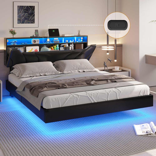 Sikaic Beds & Bed Frames Floating Upholstered Leather Platform Bed Frame with LED Lights Storage Headboard and Charging Station Black