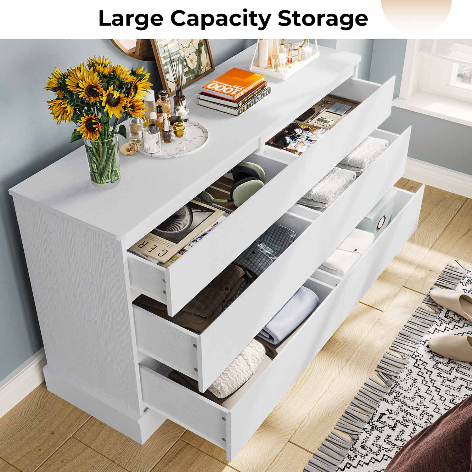 51.5 Inches Wide 6 Drawers Dresser for Bedroom White Modern - Sikaic - Chest of Drawers 51.5 Inches Wide 6 Drawers Dresser for Bedroom White Modern - Sikaic - Chest of Drawers