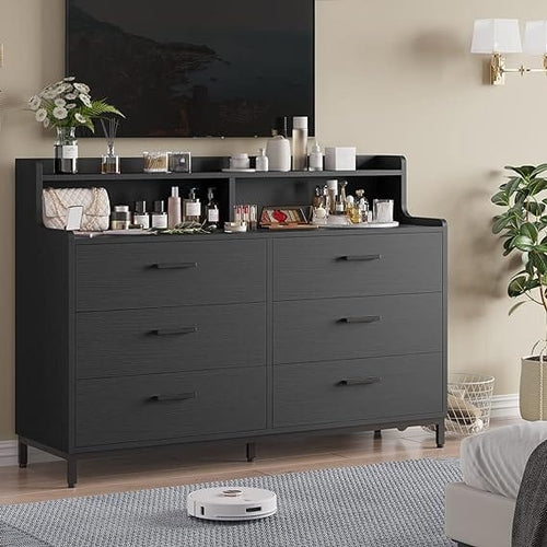 Sikaic Dressers 6 Drawers Double Dresser with Shelves Black