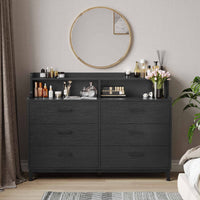 Sikaic Dressers 6 Drawers Double Dresser with Shelves Black