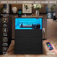 Sikaic Nightstands LED Nightstand with Charging Station 3 Storage Drawers Black