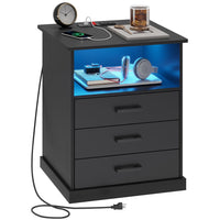 Sikaic Nightstands LED Nightstand with Charging Station 3 Storage Drawers Black