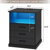 Sikaic Nightstands LED Nightstand with Charging Station 3 Storage Drawers Black