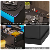 Sikaic Nightstands LED Nightstand with Charging Station 3 Storage Drawers Black