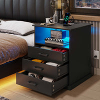 Sikaic Nightstands LED Nightstand with Charging Station 3 Storage Drawers Black