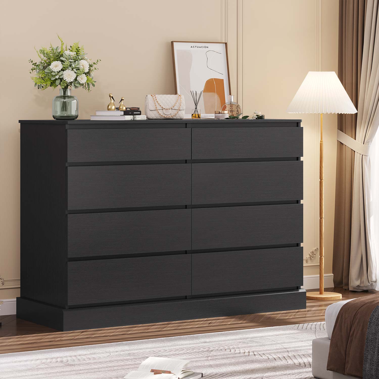 Sikaic No Handle Design Dresser with 8 Drawers Black Sikaic No Handle Design Dresser with 8 Drawers Black