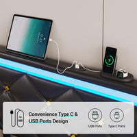 Sikaic Beds & Bed Frames Floating Full LED Bed Frame with Outlets Leather Upholstered Headboard Black