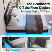 Sikaic Beds & Bed Frames Floating Full LED Bed Frame with Outlets Leather Upholstered Headboard Black