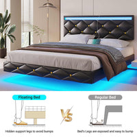 Sikaic Beds & Bed Frames Floating Full LED Bed Frame with Outlets Leather Upholstered Headboard Black