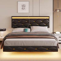 Sikaic Beds & Bed Frames Floating Full LED Bed Frame with Outlets Leather Upholstered Headboard Black