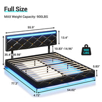 Sikaic Beds & Bed Frames Floating Full LED Bed Frame with Outlets Leather Upholstered Headboard Black