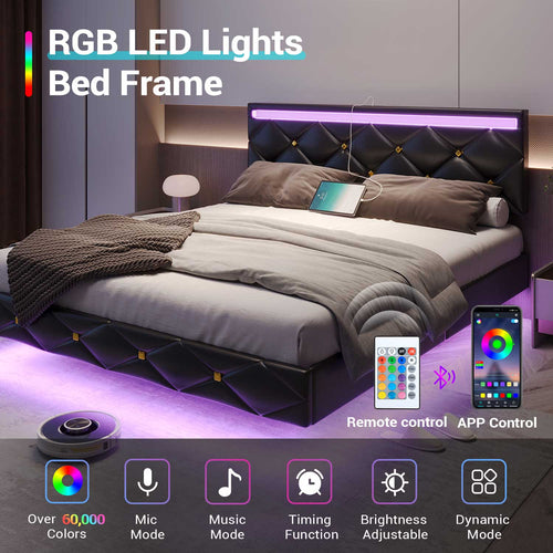 Sikaic Beds & Bed Frames Floating Full LED Bed Frame with Outlets Leather Upholstered Headboard Black