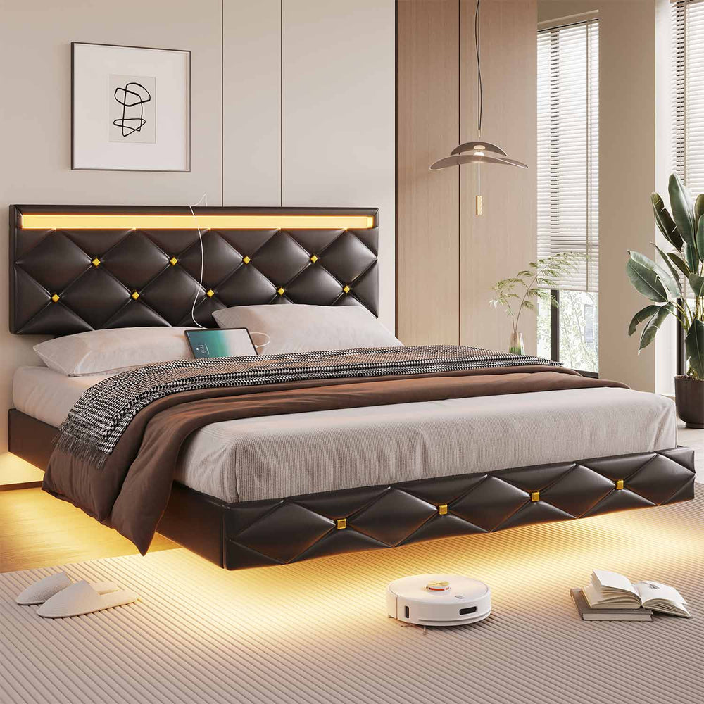 Sikaic Beds & Bed Frames Floating Full LED Bed Frame with Outlets Leather Upholstered Headboard Black