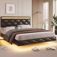 Sikaic Beds & Bed Frames Floating Full LED Bed Frame with Outlets Leather Upholstered Headboard Black