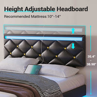 Sikaic Beds & Bed Frames Floating Full LED Bed Frame with Outlets Leather Upholstered Headboard Black