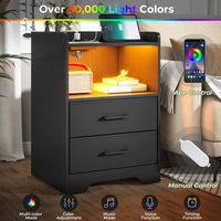 Sikaic Nightstands 2PCS LED Nightstands with Charging Station and Storage Drawers Black