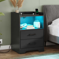 Sikaic Nightstands 2PCS LED Nightstands with Charging Station and Storage Drawers Black