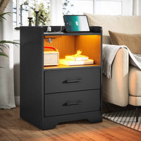 Sikaic Nightstands 2PCS LED Nightstands with Charging Station and Storage Drawers Black