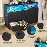 Sikaic Dressers 6 Drawers LED Dresser with Outlets Open Space Black