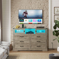 Sikaic Dressers 6 Drawers LED Dresser with Outlets Rustic Oak