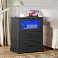 Sikaic Nightstands LED Nightstand with Charging Station 2 Drawers and Open Cubby Black