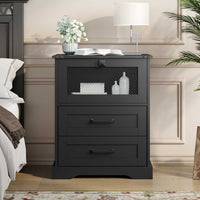 Sikaic Nightstands LED Nightstand with Charging Station 2 Drawers and Open Cubby Black