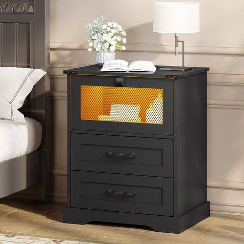 Sikaic Nightstands LED Nightstand with Charging Station 2 Drawers and Open Cubby Black