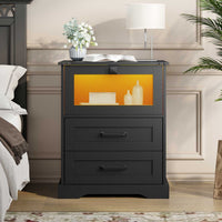 Sikaic Nightstands LED Nightstand with Charging Station 2 Drawers and Open Cubby Black