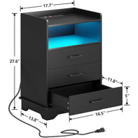 Sikaic Nightstands LED Nightstand with Charging Station 3 Drawers and Open Storage Black