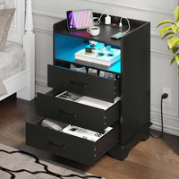 Sikaic Nightstands LED Nightstand with Charging Station 3 Drawers and Open Storage Black