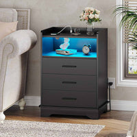 Sikaic Nightstands LED Nightstand with Charging Station 3 Drawers and Open Storage Black