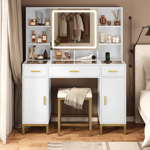 Sikaic Vanities Makeup Vanity Set with Mirror and Lights Charging Station White