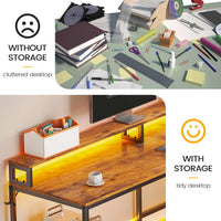 Sikaic Gaming Desk 66 Inches L Shaped Corner Two Person Gaming Desk with File Drawer Power Outlet Led Lights Monitor Shelf Rustic Brown