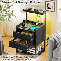 Sikaic Nightstands LED Nightstand with Charging Station Drawers Storage Shelves Black