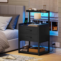 Sikaic Nightstands LED Nightstand with Charging Station Drawers Storage Shelves Black
